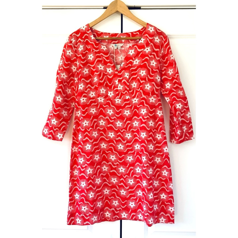 Boden Dress 100% Linen Star Print Patriotic 3/4 Sleeve Shift Sundress Red Size 4